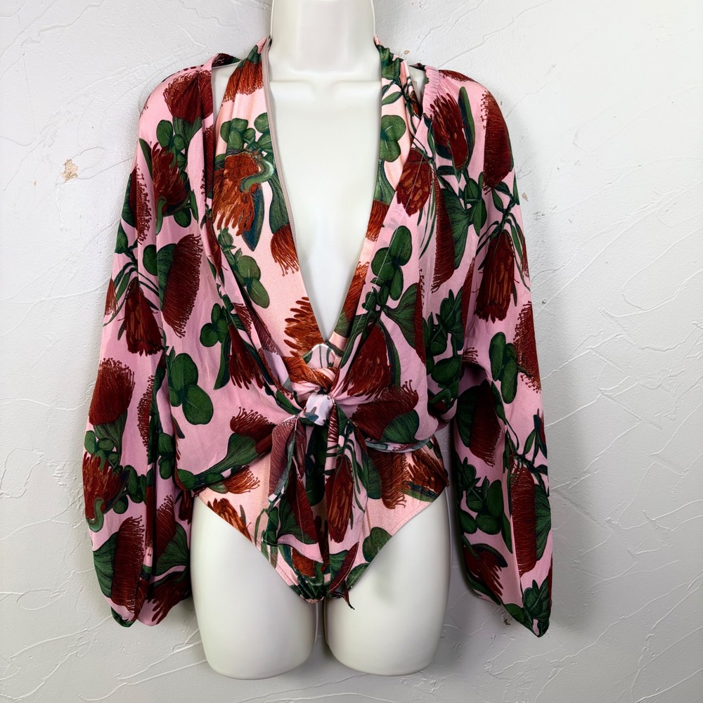 Adriana Degreas Swimsuit Set Women Small Pink Floral Silk Cover Up Luxury $780